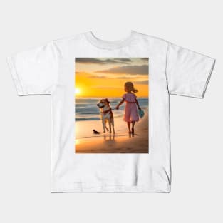 girl playing with a dog on the beach. Kids T-Shirt